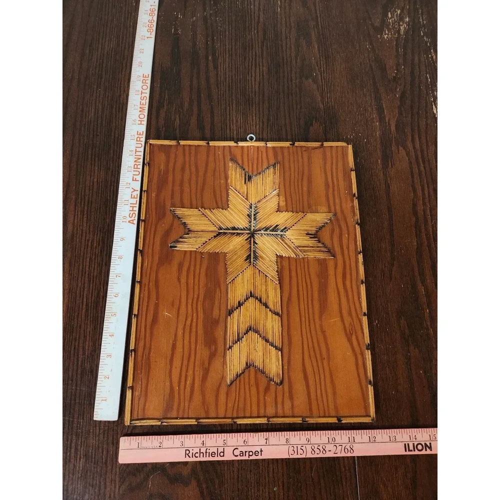 Vintage Folk Art Wood Cross Wall Hanging Matchstick Match Rustic Christian Decor